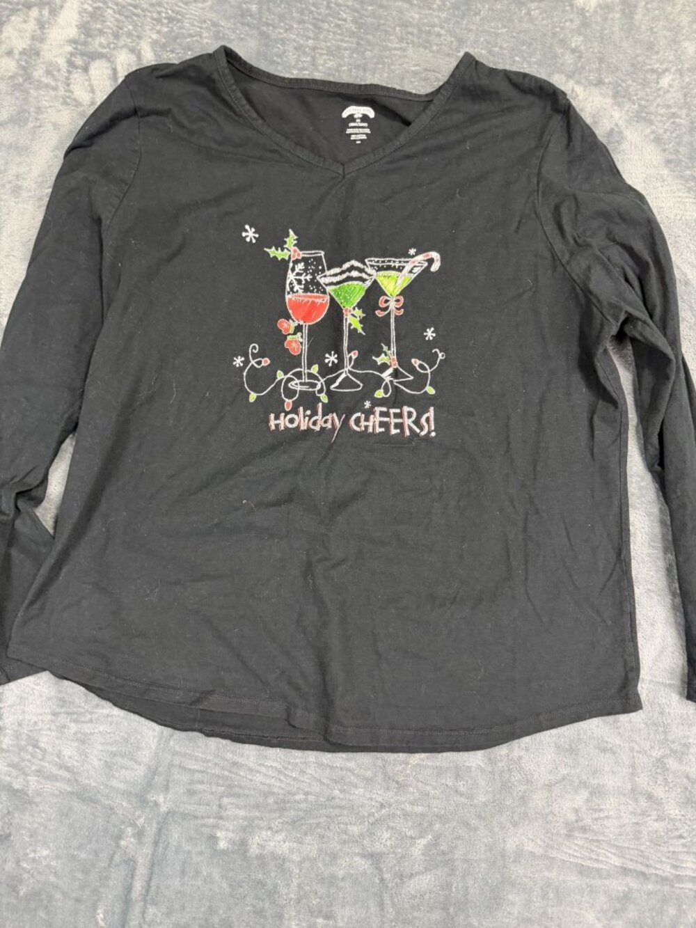 Holiday Time Womens Black Holiday Cheers Long Sleeve Graphic Tee Size 2X